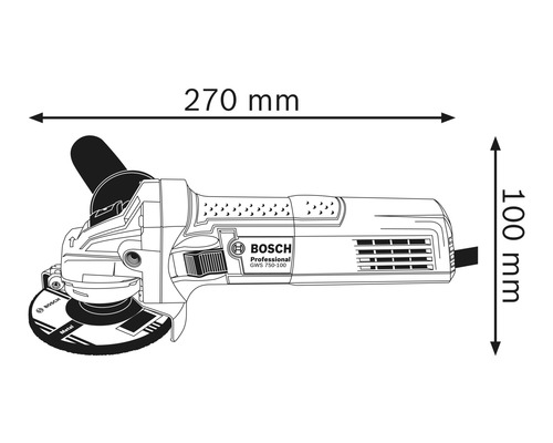 Tekening van een haakse slijper met afmetingen 270 mm lengte en 100 mm hoogte