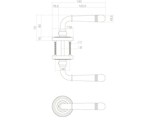 Technische tekening van een deurklink met maatvoering