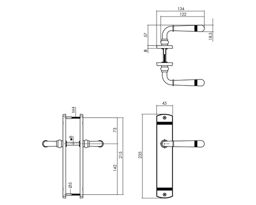 Technische tekening van een deurkruk met afmetingen