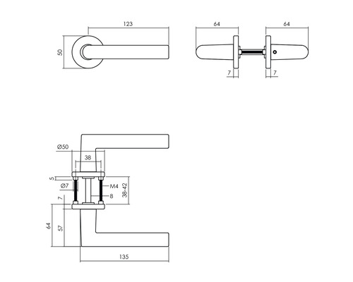 Technische tekening van een deurklink met maatvoering