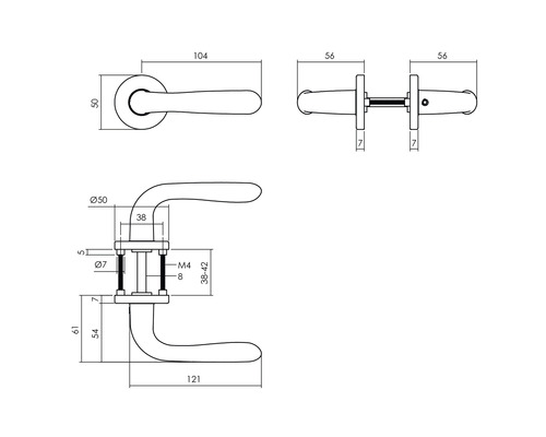 Technische tekening van een deurklink met maatvoering.