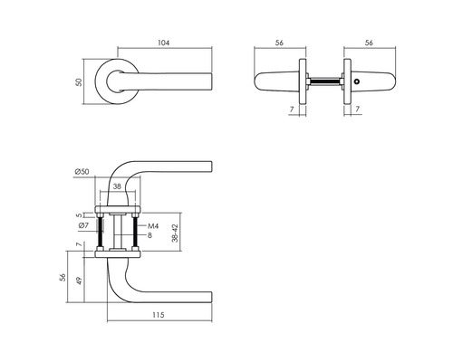 Technische tekening van een deurklink met maatvoering.