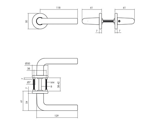 Technische tekening van een deurklink met afmetingen