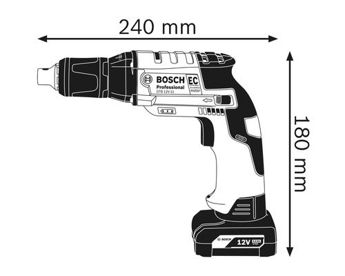 Afbeelding van een schroevendraaier met afmetingen: 240 millimeter lengte en 180 millimeter hoogte