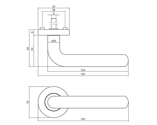 Technische tekening van een deurkruk met afmetingen.