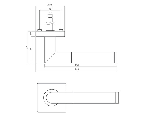 Technische tekening van een deurklink met maatvoering.