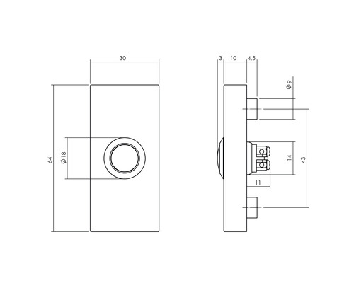 Maattekening van een deurbelknop met de afmetingen 64 x 30 mm.