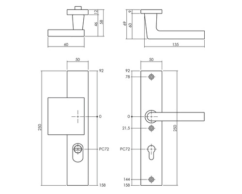 Technische tekening van een deurklink met afmetingen