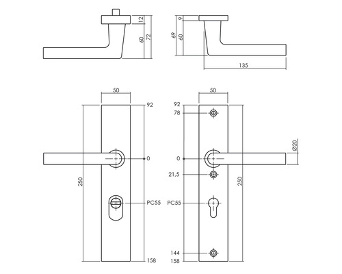 Technische tekening van een deurkruk met afmetingen