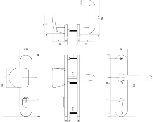 Technische tekening van een deurklink met afmetingen