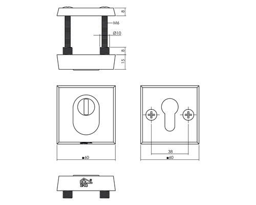 Technische tekening van een deurbeslag met afmetingen