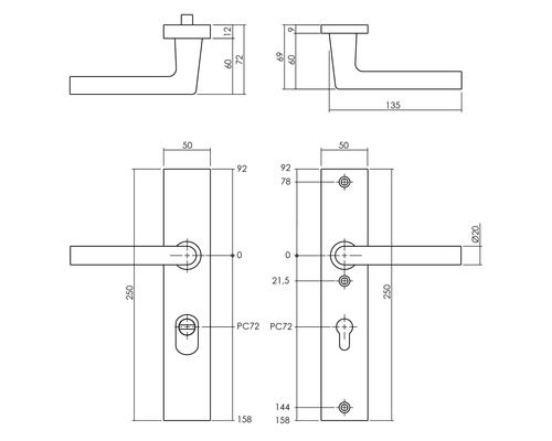 Technische tekening van een deurklink met afmetingen