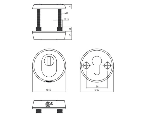 Technische tekening van een deurbeslag met afmetingen