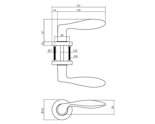 Technische tekening van een deurklink met afmetingen