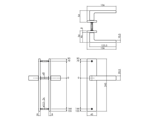 Technische tekening van een deurklink met afmetingen