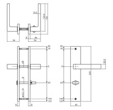 Technische tekening van een deurklink met afmetingen