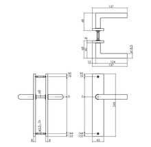 Technische tekening van een deurklink met afmetingen