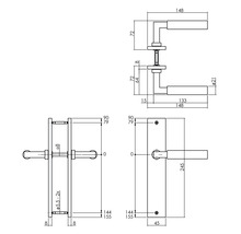 Technische tekening van een deurklink met afmetingen