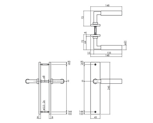Technische tekening van een deurklink met afmetingen