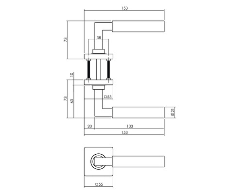 Technische tekening van een deurklink met maatvoering