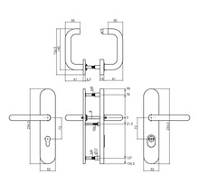 Technische tekening van een deurklink met afmetingen