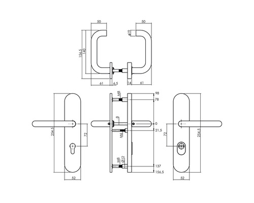 Technische tekening van een deurklink met afmetingen