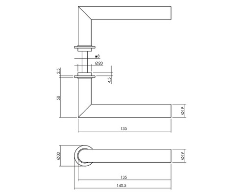 Technische tekening van een deurklink met maatvoering