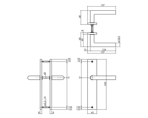 Technische tekening van een deurklink met afmetingen