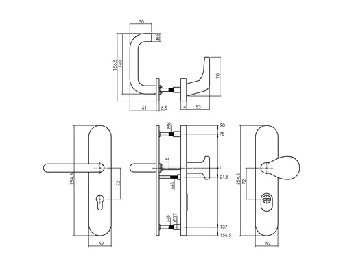 Technische tekening van een deurklink met afmetingen