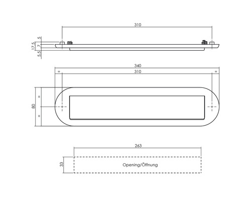 Technische tekening van een brievenbusklep met afmetingen