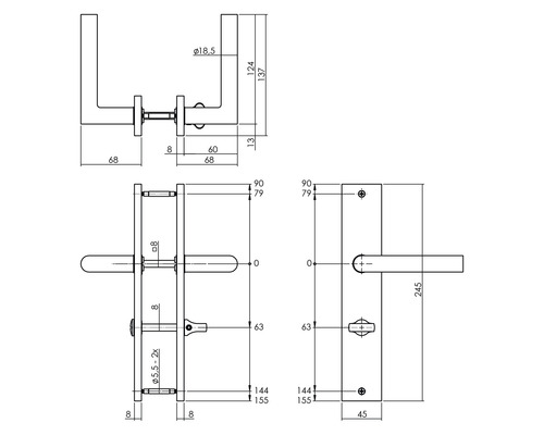 Technische tekening van een deurbeslag met afmetingen