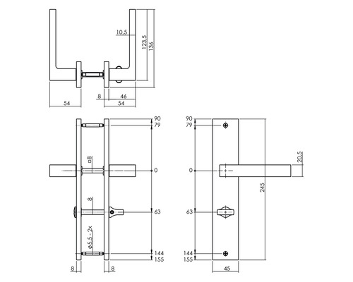 Technische tekening van een deurkruk met afmetingen