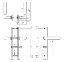 Technische tekening van een deurkruk met afmetingen