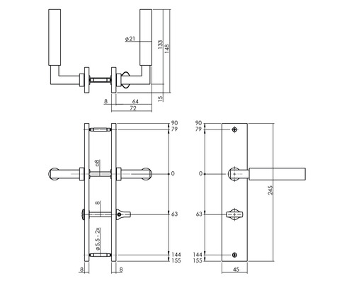 Technische tekening van een deurkruk met afmetingen