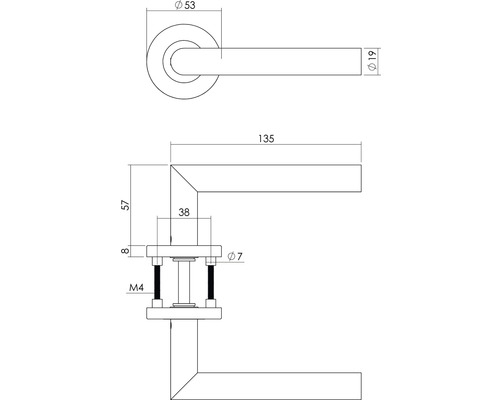 Technische tekening van een deurklink met maatvoering