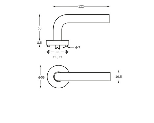 Technische tekening van een deurklink met maatvoering