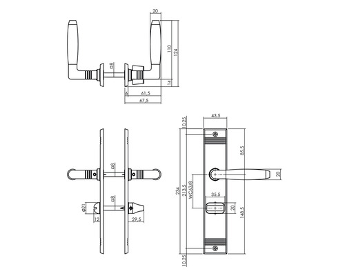 Technische tekening deurbeslag met afmetingen