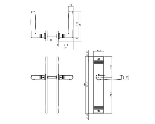 Technische tekening van een deurklink met maatvoering