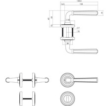 Technische tekening van een deurkruk met rozet en afmetingen