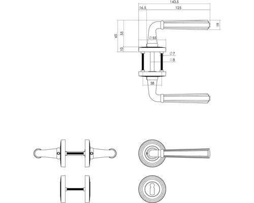 Technische tekening van een deurkruk met rozet en afmetingen