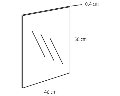 Illustratie van een spiegel met de afmetingen 58 bij 46 centimeter en een dikte van 0,4 centimeter