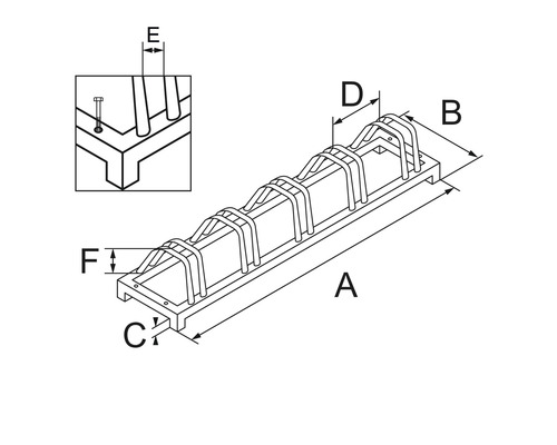Technische tekening van een fietsenrek met maataanduidingen