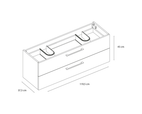 Onderkast voor wastafel met twee laden en maatvoering: 45 cm hoogte, 119,5 cm breedte en 37,5 cm diepte.