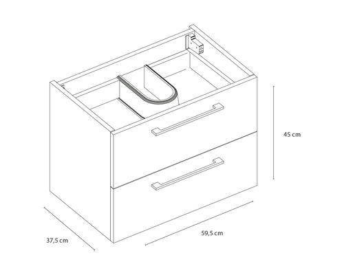 Tekening van een wastafelonderkast met twee laden en maataanduidingen.