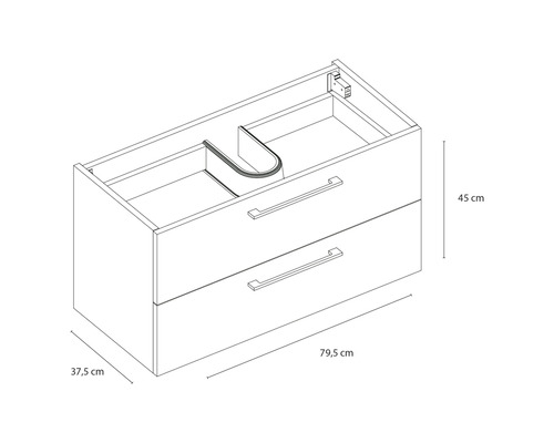 Tekening van een wastafelonderkast met twee laden en de afmetingen 79,5 cm breed, 45 cm hoog en 37,5 cm diep.
