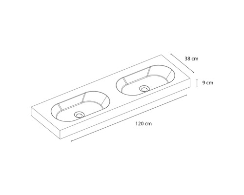 Tekening van een wastafelblad met de afmetingen 120, 38 en 9 centimeter.