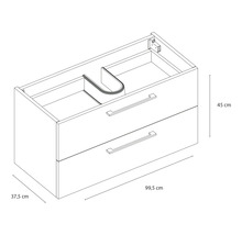 Omtrek van een wastafelonderkast met twee laden en de afmetingen 99,5 cm breed, 45 cm hoog en 37,5 cm diep.