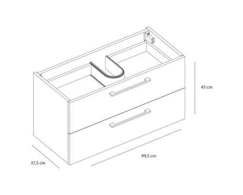 Omtrek van een wastafelonderkast met twee laden en de afmetingen 99,5 cm breed, 45 cm hoog en 37,5 cm diep.