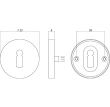 Technische tekening rozet met sleutelgat, diameter 53 millimeter