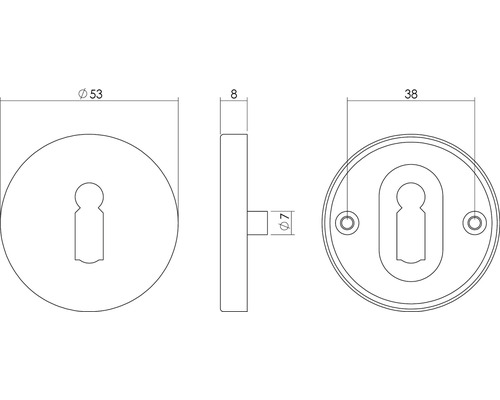 Technische tekening rozet met sleutelgat, diameter 53 millimeter